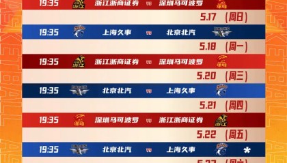 CBA更新半决赛赛程：5月15日上海vs北京，16日广厦vs深圳